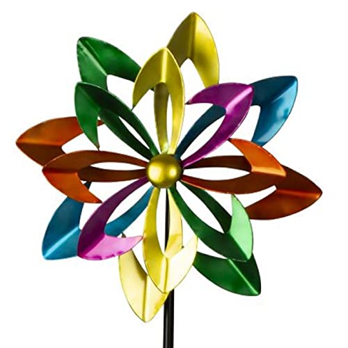 Windrad Metall doppelt Blume Bunt Gartenstecker H 180 cm D 48 cm Windspiel Garten Windmühle von Geschenkestadl