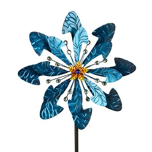 Windrad Metall doppelt Türkis Gartenstecker H 182 cm D 48 cm Windspiel Garten Blume Windmühle von Geschenkestadl