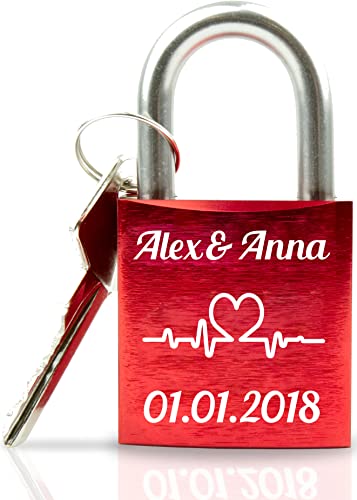 Liebesschloss mit Gravur - Valentinstagsgeschenk für Sie - Valentinstagstag Geschenk - Liebesschloss mit Gravur und Schlüssel - rot Motiv Herz Herzschlag von Geschenkfreude