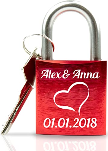 Liebesschloss mit Gravur - Valentinstagsgeschenk für Sie - Valentinstagstag Geschenk - Liebesschloss mit Gravur und Schlüssel - rot Motiv Herz schräg von Geschenkfreude