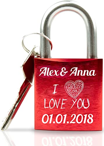 Liebesschloss mit Gravur - Valentinstagsgeschenk für Sie - Valentinstagstag Geschenk - Liebesschloss mit Gravur und Schlüssel - rot Motiv I Love You mit Herz von Geschenkfreude
