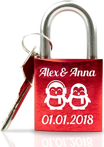 Liebesschloss mit Gravur - Valentinstagsgeschenk für Sie - Valentinstagstag Geschenk - Liebesschloss mit Gravur und Schlüssel - rot Motiv Pinguinpaar Liebesschloss mit Gravur - Valentinstagsgeschenk für Sie - Valentinstagstag Geschenk - Liebesschloss mit Gravur und Schlüssel - rot Motiv Pinguinpaar von Geschenkfreude