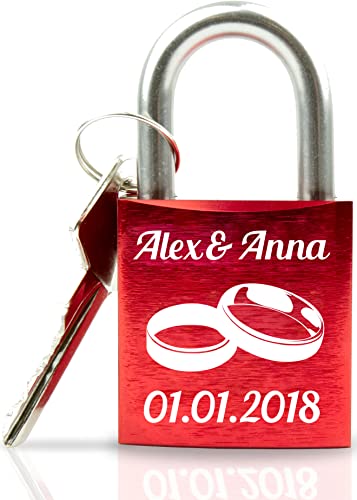 Liebesschloss mit Gravur - Valentinstagsgeschenk für Sie - Valentinstagstag Geschenk - Liebesschloss mit Gravur und Schlüssel - rot Motiv Ringe liegend von Geschenkfreude