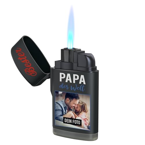 Bester Papa der Welt Geschenke - Bester Papa Feuerzeug - Feuerzeug personalisiert mit Wunschtext und Foto - UV Druck - indivuduelles Sturmfeuerzeug nachfüllbar - personalisiertes Feuerzeug mit Foto von Geschenkfreude