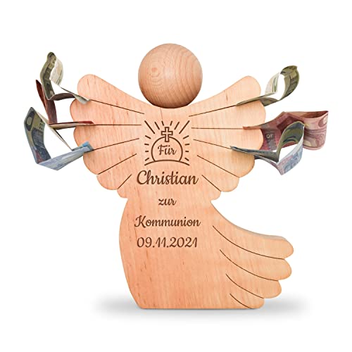 Holzengel mit Gravur - personalisierter Schutzengel zur Kommunion - Engel aus Holz Geschenkidee zur Kommunion - personalisierte Geschenke für Kinder und Baby Geschenkidee für Jungen/Mädchen von Geschenkfreude