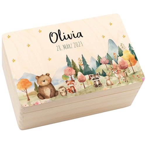Geschenkfreude Erinnerungsbox Baby Personalisiert - 30x20x14cm - UV-Druck - Individuelle Aufbewahrungsbox - Erinnerungskiste aus Holz - Einzigartige Geschenke zur Geburt - Waldfreunde Lichtung von Geschenkfreude