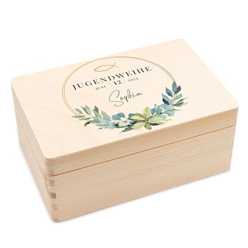 Geschenkfreude Erinnerungsbox personalsiert zur Jugendweihe - UV-Druck - 30x20x14cm Aufbewahrungsbox Holz - Holzkiste mit Deckel personalisiert mit Name und Datum - Jugendweihe Geschenke - Schatzkiste von Geschenkfreude