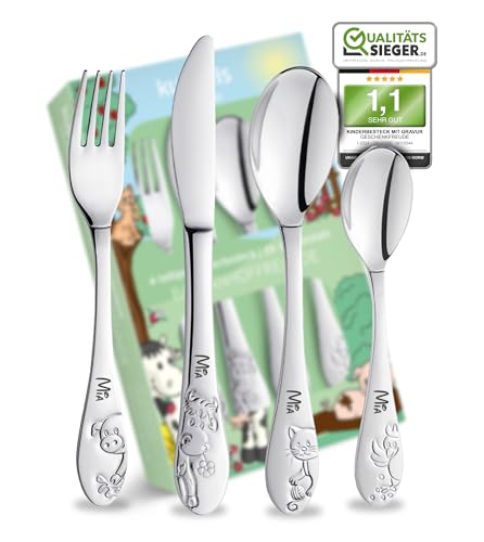 Geschenkfreude Kinderbesteck mit Namensgravur Farmfreude - Besteck mit Gravur - Besteckset mit Gravur personalisiert - Taufgeschenke für Junge/Mädchen - Besteck mit Namen für Kinder Geschenk von Geschenkfreude