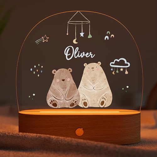 Geschenkfreude Muckelmeister Nachtlicht Mit Namen/Nachtlichter Namen/Nachtischlampe Für Kinder Mit Namen/Personalisierte Baby Lampe/LED Holzsockel Mit Touchsensor/Dimmfunktion/USB-C-Anschluss von Geschenkfreude