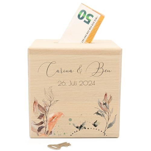 Geschenkfreude Personalisierte Spardose Hochzeit aus Holz mit Namen und Datum 10x10x10cm - Hochzeitsspardose für die Hochzeit und Verlobung - Hochzeitsgeschenke für Brautpaar - Geldgeschenk Floral3 von Geschenkfreude