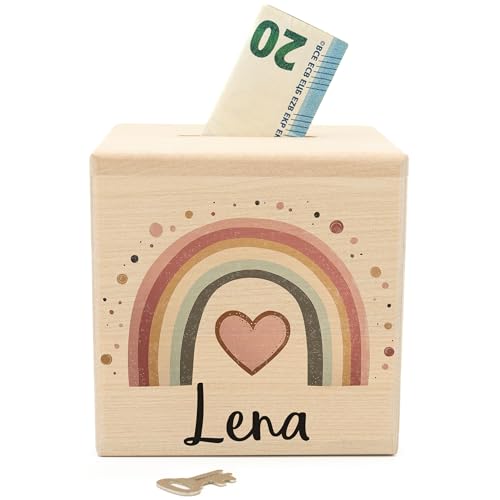 Geschenkfreude Personalisierte Spardose aus Holz - 10 x 10 cm - Spardose Regenbogen Boho Mädchen - Spardose mit Namen für Mädchen- Spardose Kinder - Sparschwein Personalisiert von Geschenkfreude
