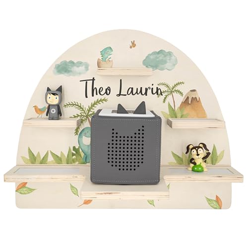 Geschenkfreude Personalisiertes Toniebox Regal für Kinderzimmer - Kinder Wandregal für Tonie Hörfiguren - Magnetisches Tonie Wandregal zur aufbewahrung von Tonieboxen und Figuren – Dino von Geschenkfreude
