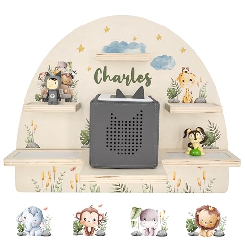 Geschenkfreude Personalisiertes Toniebox Regal für Kinderzimmer - Kinder Wandregal für Tonie Hörfiguren - Magnetisches Tonie Wandregal zur aufbewahrung von Tonieboxen und Figuren – SafariBaby von Geschenkfreude
