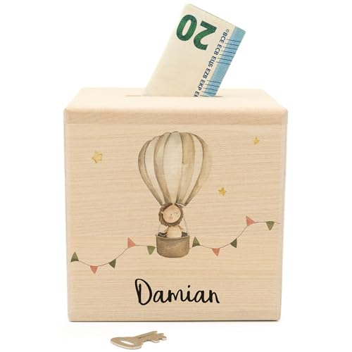 Geschenkfreude Spardose personalisiert mit Namen aus Holz - 10x10cm Holzspardose mit Schloss - UV-Druck Spardosen mit Namen - Geschenk zur Geburt - Taufgeschenke für Junge/Mädchen - Einschulung von Geschenkfreude