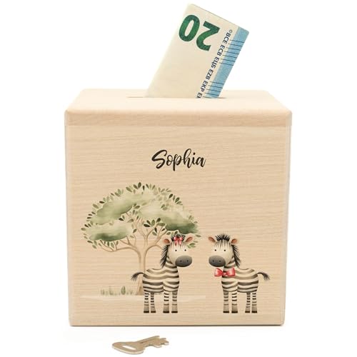 Geschenkfreude Spardose personalisiert mit Namen aus Holz - 10x10cm Holzspardose mit Schloss - UV-Druck Spardosen mit Namen - Taufgeschenke für Junge/Mädchen - Geschenk zur Geburt - Zebra von Geschenkfreude