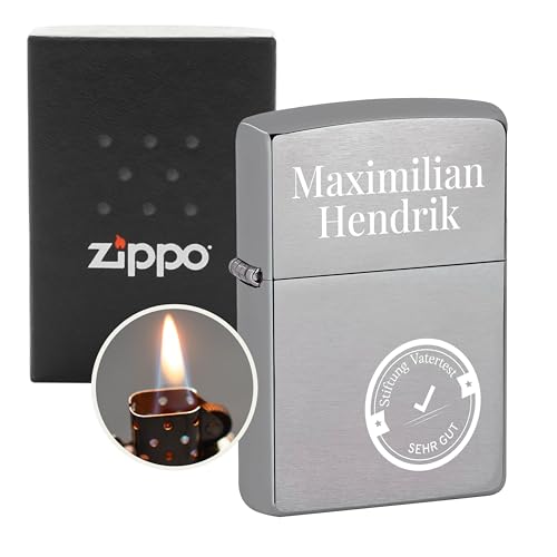 Geschenkfreude Zippo Feuerzeug mit Gravur - Personalisiertes Benzinfeuerzeug mit Namensgravur - Geschenkideen zum Vatertag - tolle Vatertagsgeschenke - Männertagsgeschenk - Prüfzeichen Bester Papa von Geschenkfreude