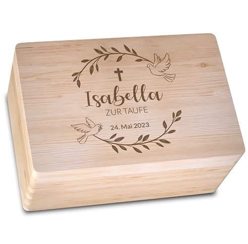 Geschenkfreude personalisierte Erinnerungsbox mit Namen - 30x20x14cm - Aufbewahrungsbox zur Geburt oder Taufe - Holzkiste mit Gravur - Erinnerungskiste personalisiert - Motiv Taufe von Geschenkfreude