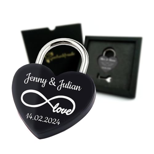 Geschenkfreunde Liebesschloss mit Gravur und Schlüssel - Herzschloss mit Gravur - tolles Vorhängeschloss - personalisierte Valentinstagsgeschenke für Ihn und Sie - Geschenke für Paare - Schwarz von Geschenkfreude