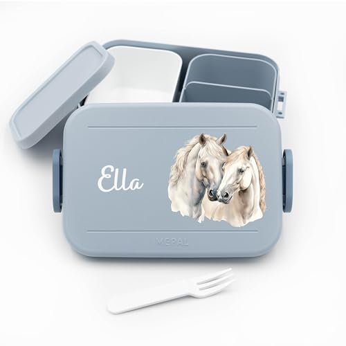Geschenkfreude Kinder Bento Box Midi Lunchbox für Mepal Bentobox - Brotbox personalisiert Kinder - Pferde Brotdose - 900 ml - Nordic Blue - brotdose schule mädchen kindergarten von Geschenkfreude
