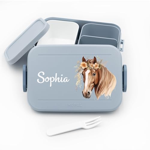 Geschenkfreude Kinder Bento Box Midi Lunchbox für Mepal Bentobox - Brotdose personalisiert Mädchen - Geschenk Pferdemädchen - 900 ml - Nordic Blue - brotdose kinder mit fächern name von Geschenkfreude