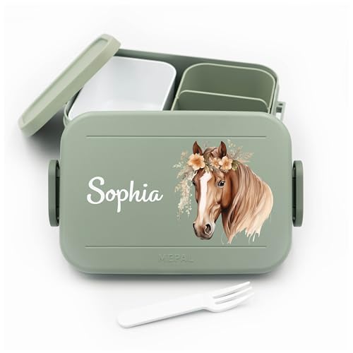 Kinder Bento Box Midi Lunchbox für Mepal Bentobox - Brotdose personalisiert Mädchen - Geschenk Pferdemädchen - 900 ml - Nordic Sage - bento lunchbox geschenk für mädchen mit pferden von Geschenkfreude