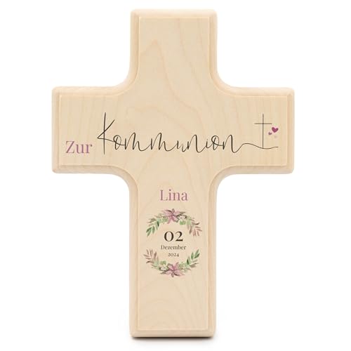 Kinderkreuz zur Kommunion personalisiert 19x14x1,5cm mit Namen und Datum - Geschenkideen zur Kommunion - Erstkommunion Geschenke Mädchen - Kinderkreuz Holz - Kreuz Kinder - UV-Druck - Kranz rosa von Geschenkfreude
