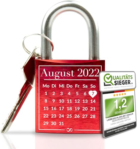 Geschenkfreude Liebesschloss mit Gravur und Schlüssel - Liebesgeschenk Valentinstags Geschenke für Ihn und Sie - Schloss personalisiert mit Kalender Gravur - Geschenke für Paare - Schloss rot von Geschenkfreude