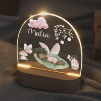 Nachtlicht Baby Personalisiert Mit Elfe in Rosa, Acryl Nachtlampe Namen, Led Kinderzimmerlicht Fee Blatt Laternen, Geschenk Zur Geburt von GeschenkfreudeStore