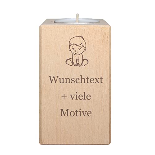 Baby Geschenk zur Geburt - Teelichthalter aus Holz personalisiert mit Name und Motiv - für Jungen und Mädchen, mit Geburtsdaten - Alternative Geburtskerze, Patenkerze, Lebenslicht von Geschenkissimo