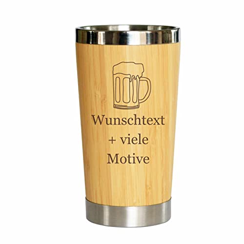 Bierbecher mit individuelle Gravur - Name + Motiv, Trinkbecher in Holz Optik 0,4 L, Bambusbecher für Bier, Mehrwegtrinkbecher, Alternative zum Bierglas und Bierkrug von Geschenkissimo