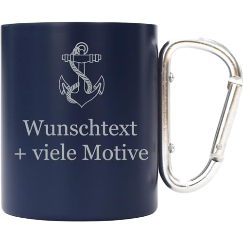 Edelstahl Tasse Blau mit Karabiner 250 ml mit Gravur und Motiv - personalisierter Outdoor Becher, Camping Tasse, Geschenk für Bergliebhaber, Gipfelstürmer, Wanderfreunde von Geschenkissimo