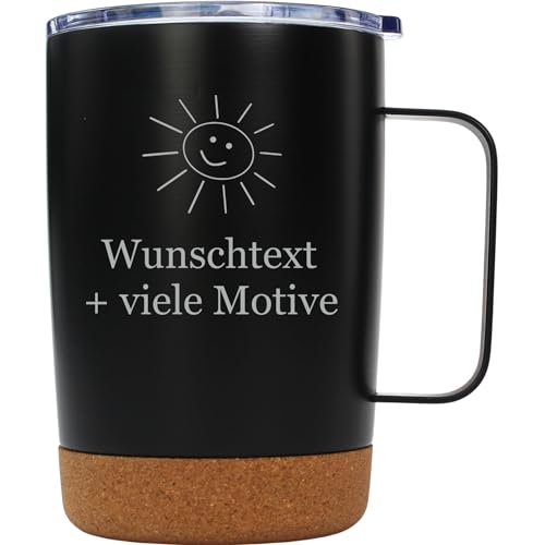 Edelstahl Tasse Schwarz mit Kork 300 ml mit Gravur und Motiv - personalisierter Becher mit Korkboden, doppelwandig, für Kaffee, Tee, heiße Schokolade, mit Schiebedeckel von Geschenkissimo