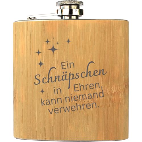 Ein Schnäpschen in Ehren - Edelstahl-Flachmann mit Bambus Ummantelung 175ml - Gravur Geschenkidee mit Saufspruch Schnapsflasche Männergeschenk von Geschenkissimo von Geschenkissimo