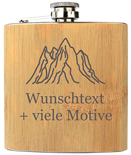 Flachmann mit Gravur, Name + Motiv, Geschenk für Männer + Frauen, Schnapsgeschenk in Holz Optik, aus Edelstahl + Bambus, Füllmenge 175 ml, Geschenke personalisiert von Geschenkissimo von Geschenkissimo