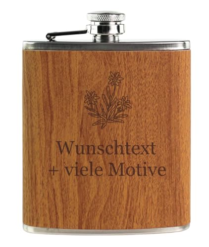 Flachmann mit Gravur, Name + Motiv, Geschenkidee für Männer + Frauen, Schnapsgeschenk in Holz Optik, aus Edelstahl, Füllmenge 175 ml, personalisierte Geschenke von Geschenkissimo von Geschenkissimo