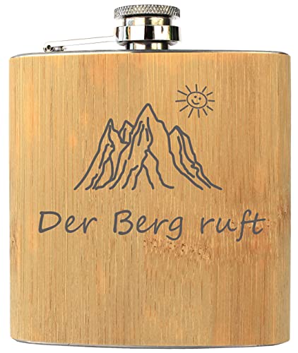 Flachmann mit Spruch Der Berg ruft - Geschenk für Wanderer und Bergsteiger als mobile Schnapsflasche, Schnapsgeschenk in Holz Optik, aus Edelstahl + Bambus, Geschenke von Geschenkissimo