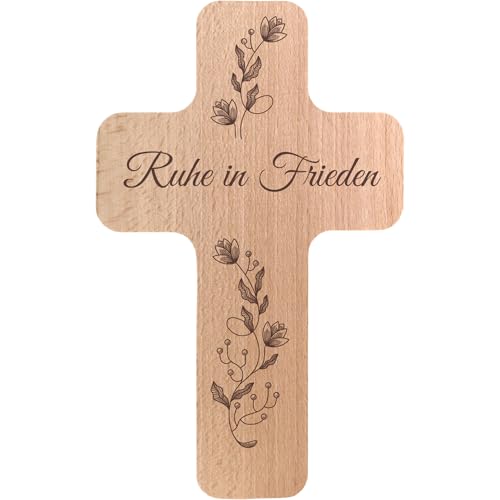Geschenkissimo Ruhe in Frieden Holzkreuz mit Gravur und Blumenranken - 20x12 cm Wandkreuz - Trauer Kreuz Beerdigung Andenken Grab Dekoration Erinnerung - Geschenkidee von Geschenkissimo