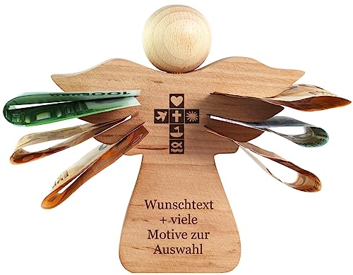 Holzengel mit Gravur - Name, Datum, Spruch + Motiv - Engel aus Holz als personalisiertes Geschenk zur Taufe, Kommunion, Konfirmation, ideales Geldgeschenk für Jungen und Mädchen von Geschenkissimo