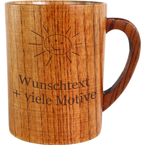 Holztasse mit Gravur – Holzbecher mit Name, Spruch + Motiv, personalisierter Trinkbecher mit Griff, Holz Tasse als Weinbecher, Biertasse, Outdoor, Camping, Wandern, Eichenholz, 280 ml von Geschenkissimo