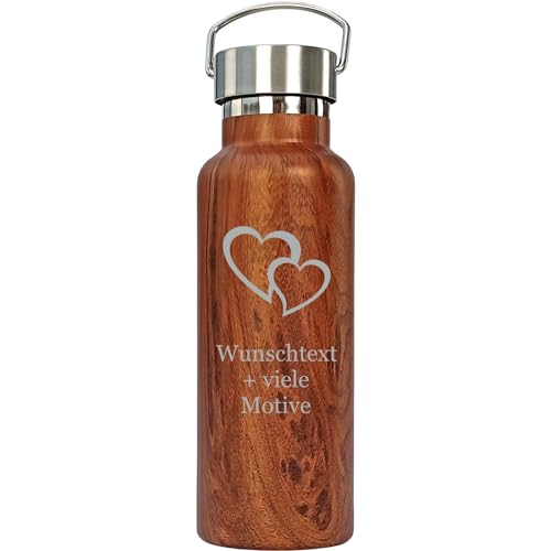 Isolierflasche 500 ml in Holz Optik mit Gravur und Motiv – personalisierte Thermosflasche für unterwegs, outdoor, auslaufsicher, recycelter Edelstahl, Deckel mit Henkel, Geschenkidee von Geschenkissimo