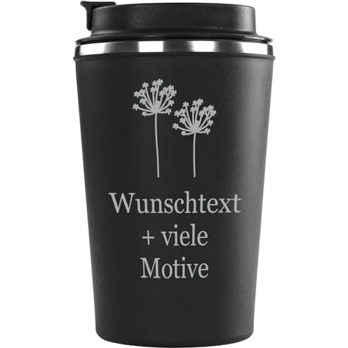 Kaffeebecher Edelstahl 350 ml schwarz mit Gravur und Motiv - personalisierter Coffeebecher To Go für Kaffee, Tee, Heißgetränke, doppelwandig, Deckel mit Trinköffnung, Mehrwegbecher von Geschenkissimo