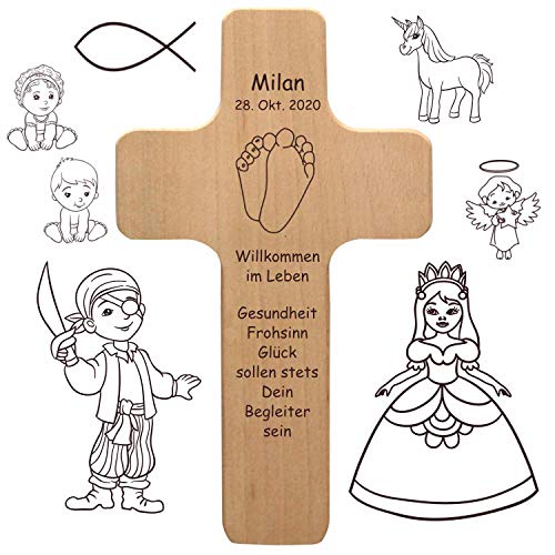 Kinderkreuz mit individueller Gravur - personalisiert mit Name, Spruch, Motiv - Kinder Holzkreuz als Taufgeschenk, Geschenk zur Kommunion, Konfirmation für Jungen und Mädchen von Geschenkissimo