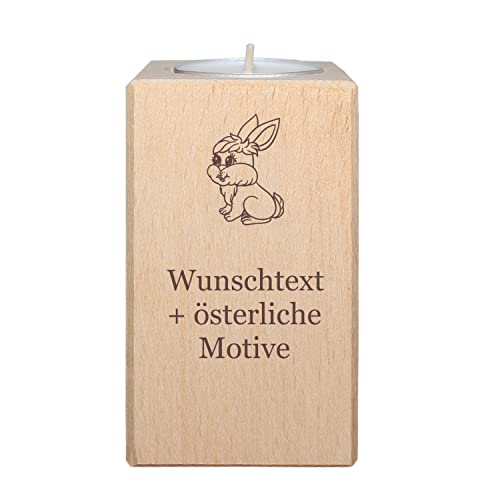 Osterdeko Holz Teelichthalter mit Gravur - Name, Spruch, Motiv - personalisierte Deko zu Ostern, Alternative Osterkerze, Osterdekoration mit Hasen, Oster Figuren, Eier, Küken und mehr von Geschenkissimo