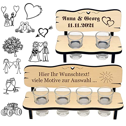 Personalisierte Schnapsbank aus Holz - Gravur mit Name + Spruch - mit Zwei Gläser oder 4, Geschenkidee zur Hochzeit, Geburtstag, Jubiläum, Stammtisch, romantisch für Pärchen von Geschenkissimo