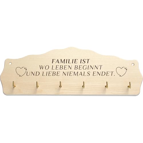 Schlüsselbrett Holz „Familie ist wo Leben beginnt und Liebe niemals endet“ - Schlüsselleiste mit Spruch und 6 Haken - Schlüsselboard Geschenk für Familie und Freunde von Geschenkissimo