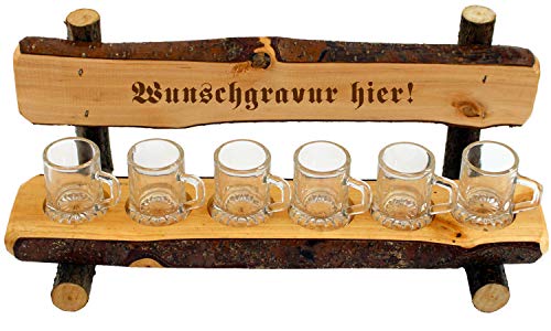 Schnapsbank mit Gravur - Name oder Spruch - aus Holz mit 6 Schnapsgläser in Bierkrug Optik, originelles Geschenk für Hochzeit, Silberhochzeit, Geburtstag, Stammtisch, Jubiläum ... von Geschenkissimo