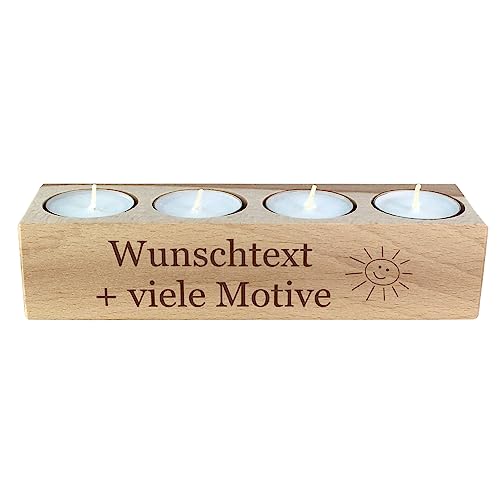 Teelichthalter für 4 Teelichter mit Motiv und Gravur - Holzkerzenständer, Kerzenhalter aus Holz, Deko, Tischdeko Wohnzimmer, individuelle Geschenkidee, 4er Set Kerzen von Geschenkissimo