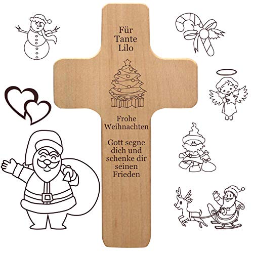 Weihnachten Deko Kreuz mit individueller Gravur - personalisiert mit Spruch + Motiv - Holz Kruzifix als Geschenk zu Weihnachten, Nikolaus, Advent, Neujahr, günstige Weihnachtsdeko von Geschenkissimo