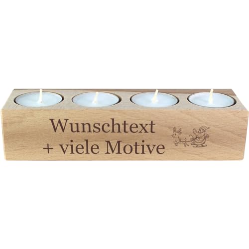 Weihnachtsdeko Teelichthalter für 4 Teelichter mit Motiv und Gravur - Holzkerzenständer, Aventsgeschenk, Alternative zum Adventskranz, 4er Set Kerzen von Geschenkissimo