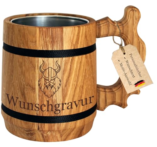 Wikinger Bierkrug mit Gravur - Geschenk für Bier- und Mittelalterfans, Holz Becher mit Name + Motiv - Alternative zum Met Horn, Trinkhorn und Bierstein von Geschenkissimo